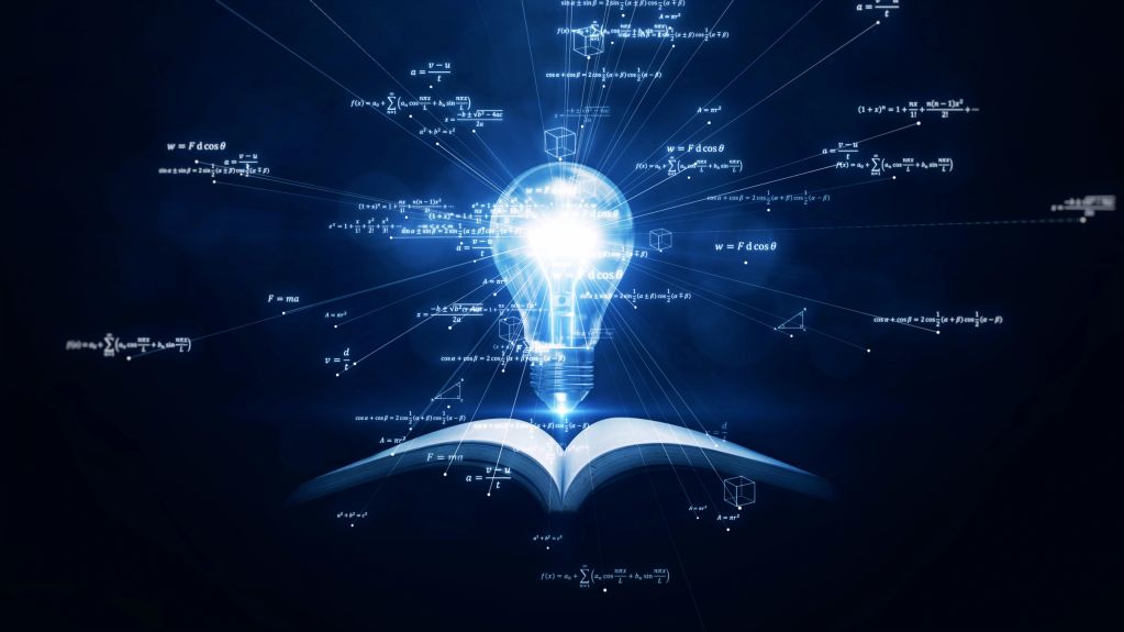 Bright light bulb and math formulas above an open book.