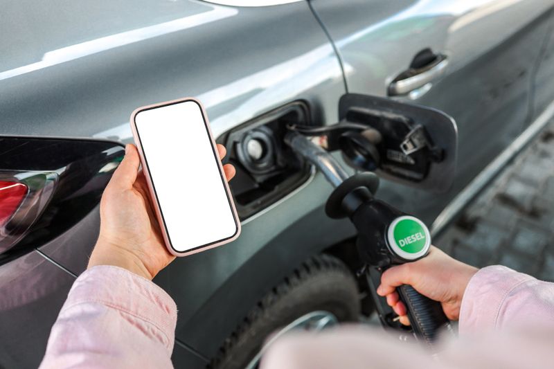 Person refueling a car with diesel pump while holding a smartphone with blank screen. Concept of refueling, transport, diesel fuel, gas station, mobile app, and payment.