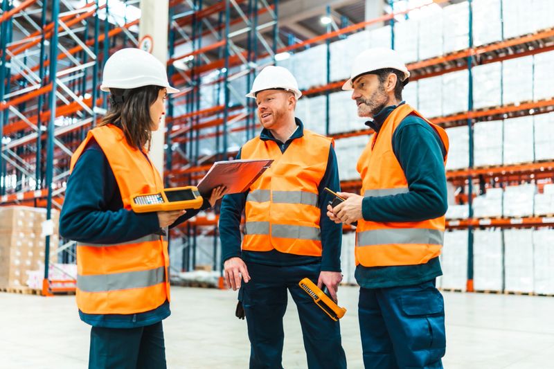 Warehouse workers wearing safety vests and hardhats are discussing logistics and using technological devices