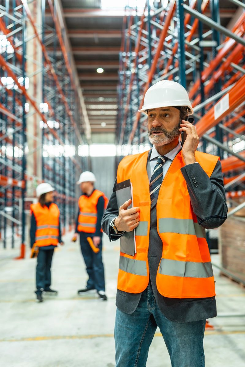 Warehouse manager wearing hardhat and high-visibility vest talking on phone and holding clipboard, colleagues working in background