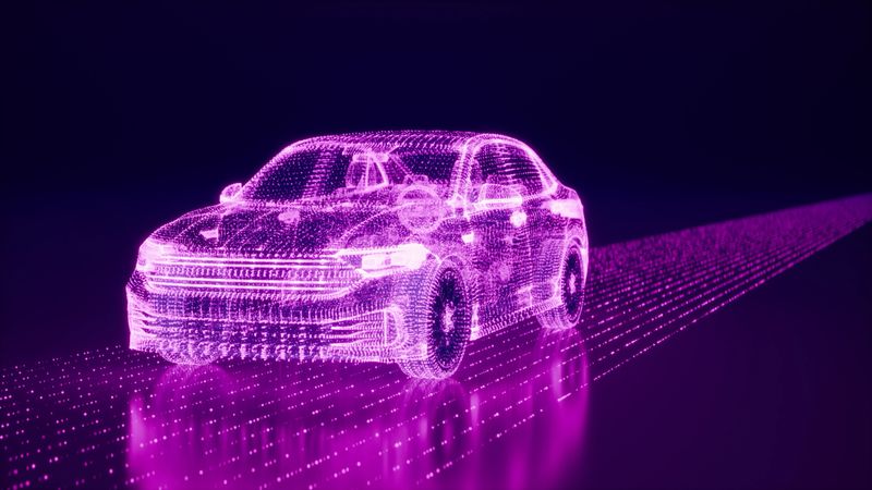 Neon purple digital render of a modern car, constructed from data points and glowing lines, on a grid-like digital road in a dark virtual environment.
