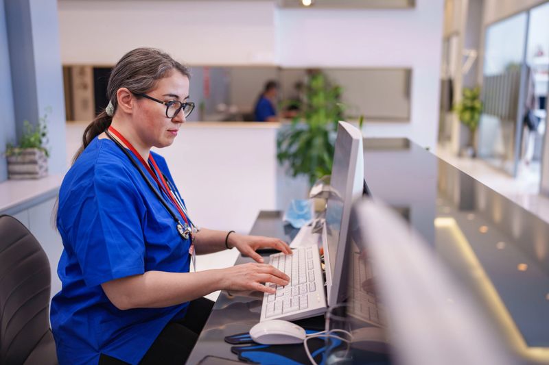 A healthcare worker is seen working at a reception desk in a medical facility, managing patient inquiries or administrative tasks. The scene highlights professionalism and the essential role of reception staff in healthcare settings.