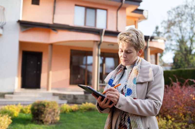 A concentrated woman stands in front of a beautiful house, intently making notes on her tablet, representing dedication and attention to detail in her work.