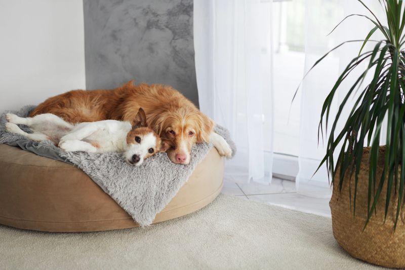A Jack Russell Terrier snuggles up beside a sleeping Nova Scotia Duck Tolling Retriever on a shared bed.
