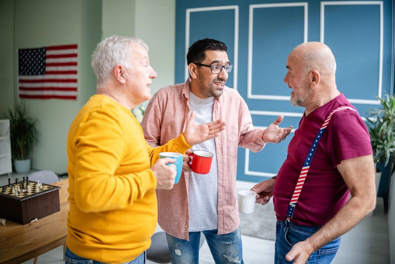 Three military veterans are engaged in lively conversation while holding cups. The indoor environment is relaxed, fostering friendship and connection among diverse individuals.