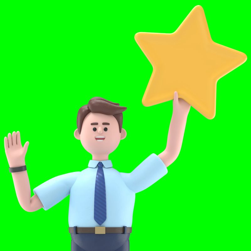 3D illustration of smiling Asian man Felixn waving hand saying hi and holding a big star.Green Screen Mockup.3D rendering on Green Screen for footage and clipping path.