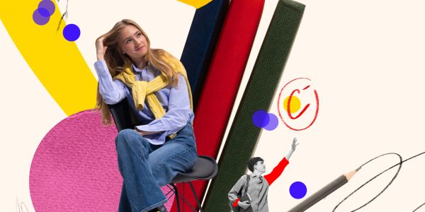 Woman sitting thoughtfully among colorful abstract shapes.
