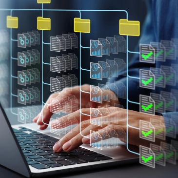 Hands typing on a laptop with digital process flow overlays.