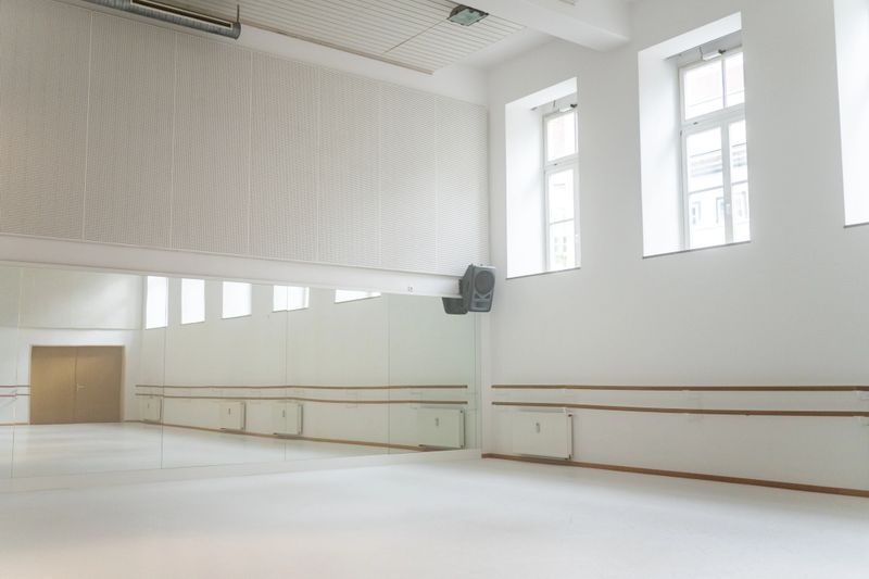 A well-lit ballet studio featuring tall windows, reflective wall mirrors, and pristine wooden accents. The minimalist design creates an inviting practice space bathed in natural light.