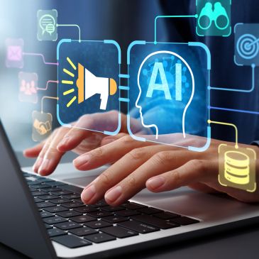 Hands typing on a laptop with AI and digital icons overlay.