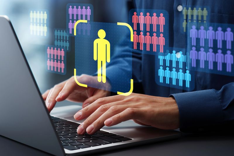 Niche marketing and personalization. Marketing segmentation strategy and analysis. Marketer using laptop computer to analyze target customer data.