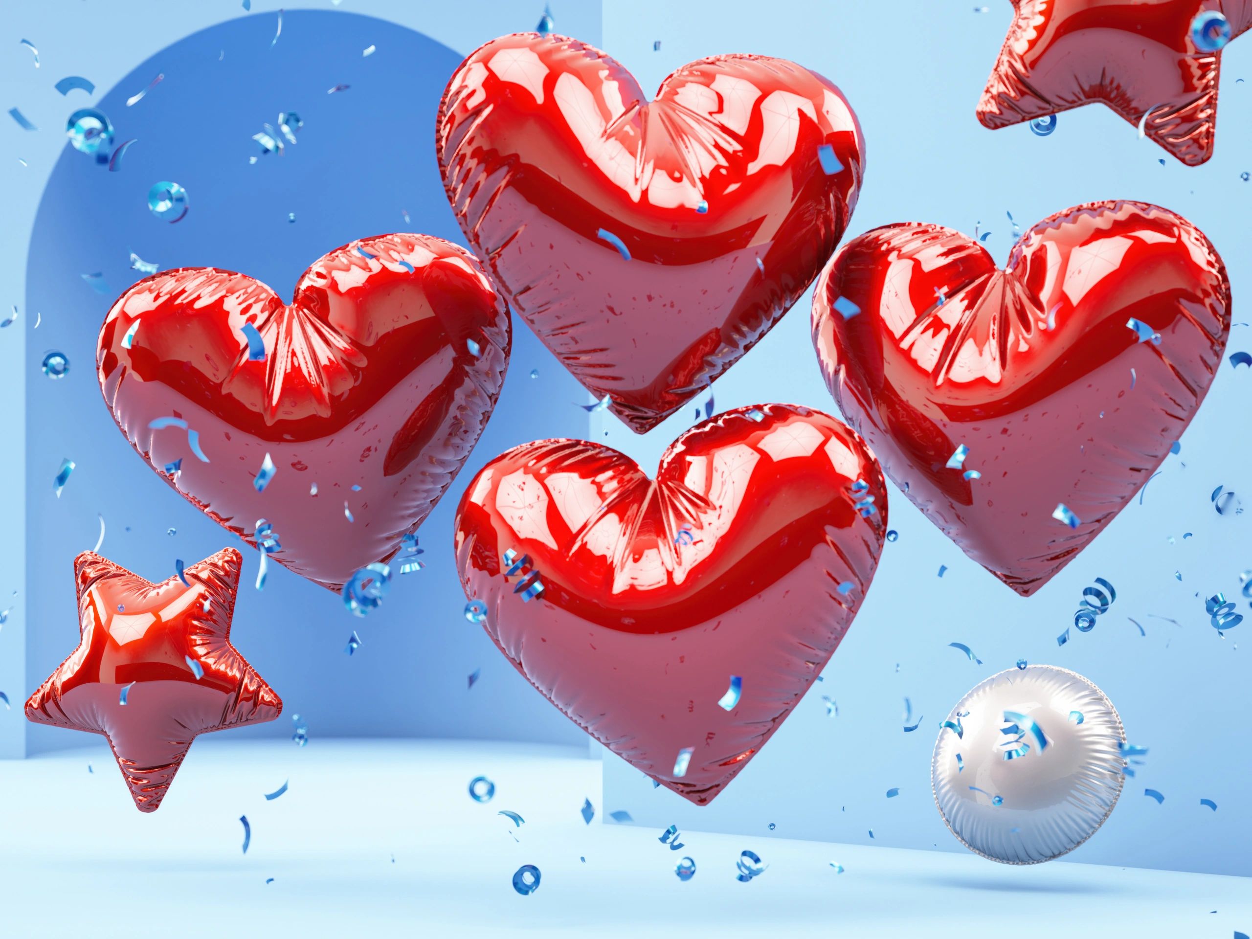 Glossy Red Heart Balloons with Blue Background. 3D Render