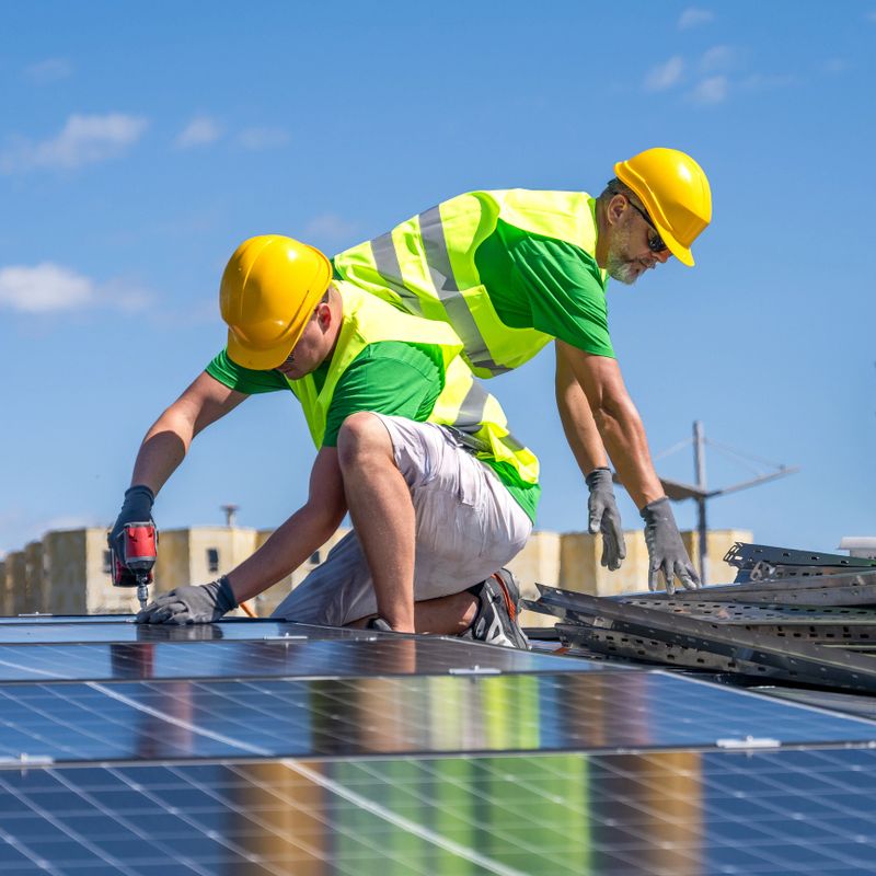 Two skilled Caucasian men in safety helmets and vests use power tools to securely install solar panels on a building's roof, working under clear blue skies.