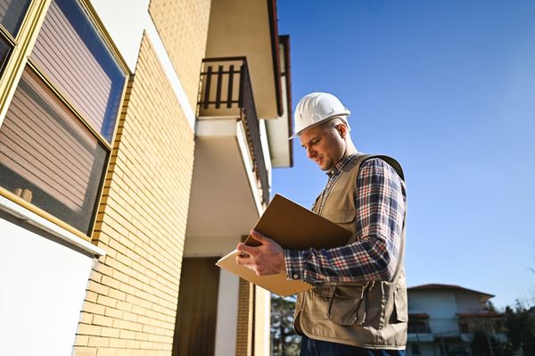 Construction worker inspecting building plans outside a residential structure.