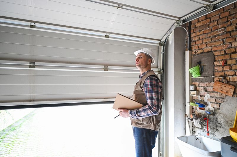 Construction worker inspecting garage door installation in residential building