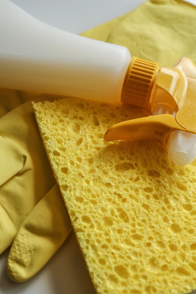 Close-up of yellow cleaning supplies including rubber gloves, spray bottle, and sponge on white background. Household items for hygiene and disinfection.