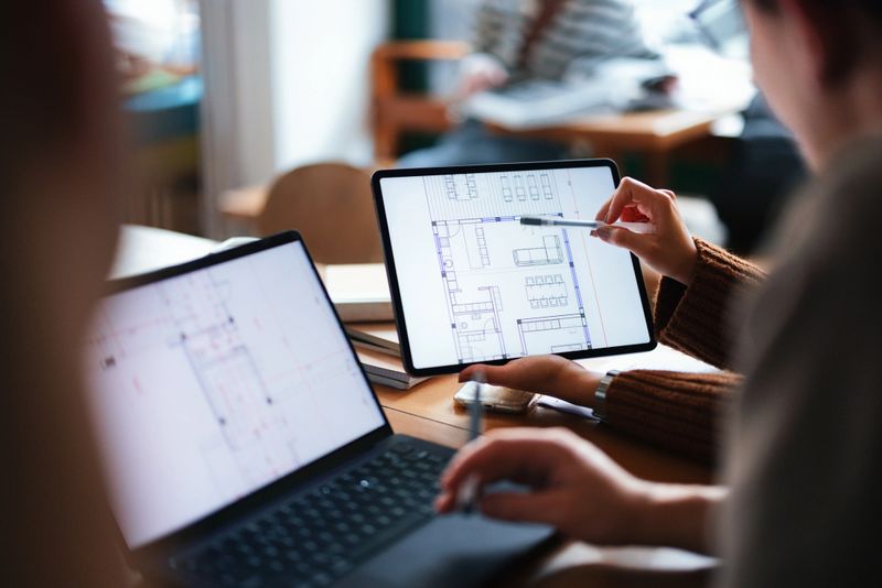 A group of individuals collaborate on a digital architectural blueprint on tablets, illustrating teamwork and learning in a casual, modern educational setting.