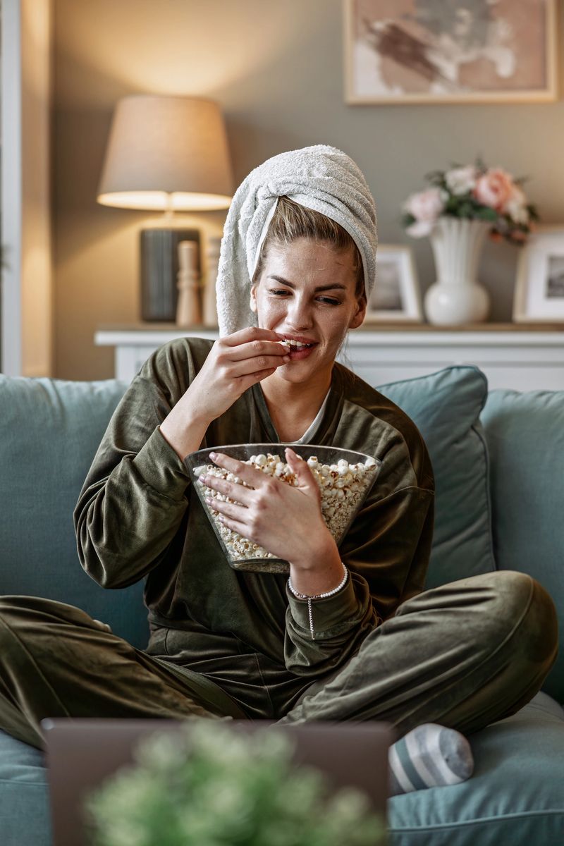 A relaxed individual in comfortable attire sits on a cozy couch, enjoying popcorn in a bowl, radiating a sense of comfort and leisure in a warm living room setting.