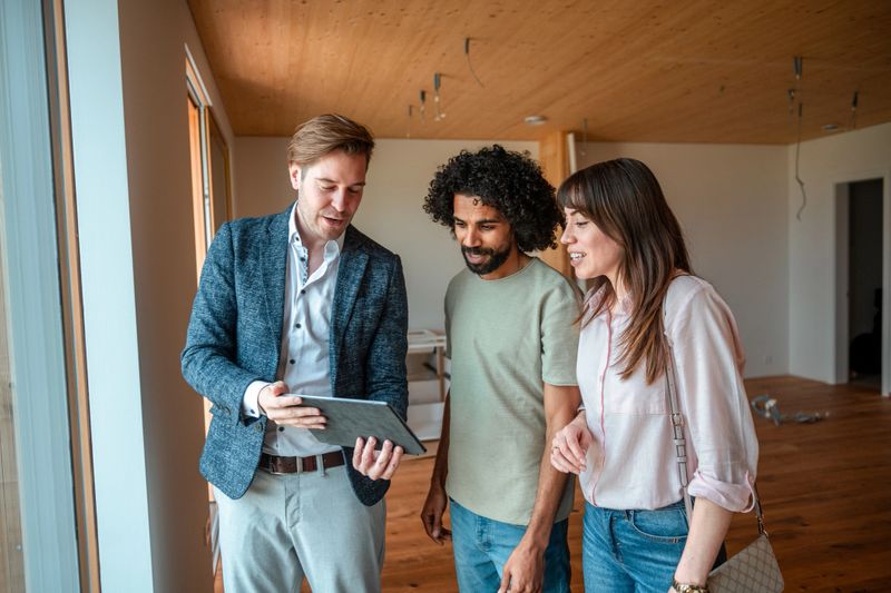 A multiracial group reviews 3D renovation plans on a tablet, with a male professional guiding the interactive session inside a modern workspace.