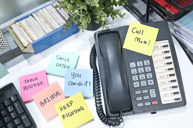 A landline phone sits on an office desk with a yellow sticky note attached that reads “Call Mom”—a heartfelt reminder to make time for a meaningful call, especially on Mother's Day, even amidst a busy work schedule