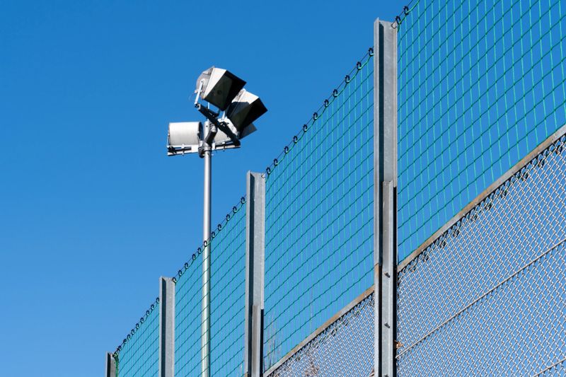 Germany, Berlin, Zehlendorf, March 19, 2025 - Floodlight mast at a sports field behind a fence