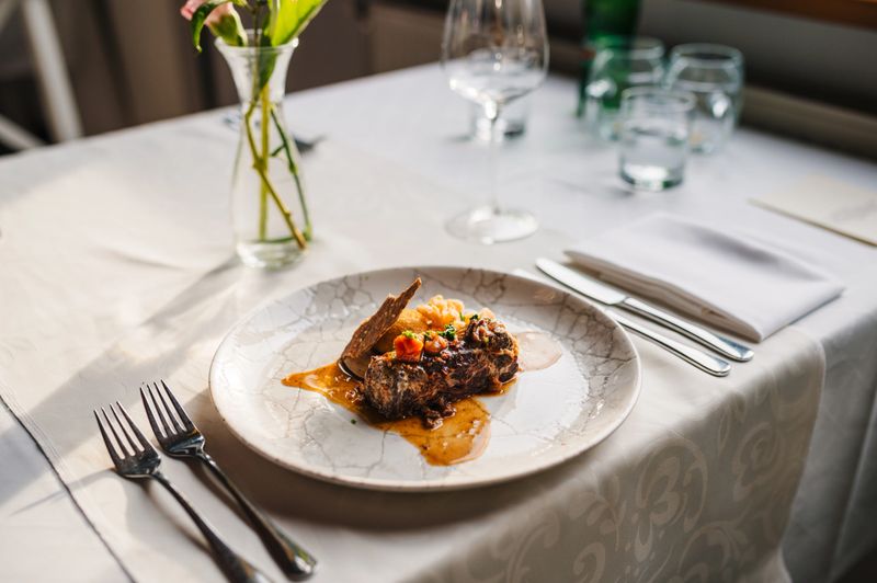 Fine dining with beef, mushrooms and stuffed dumplings