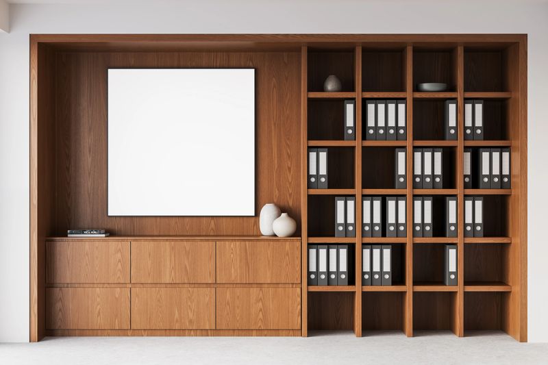 Empty framed poster mockup on wooden office shelving with organized binders and decorative vases. Clean interior design concept with minimalist layout. 3D Rendering.