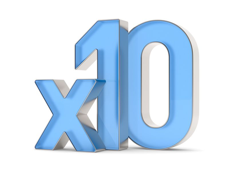 Blue x10 symbol on white background. Isolated 3d illustration