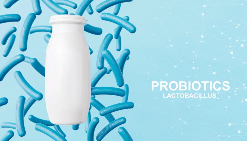 Bottle of yogurt with probiotics. Probiotic cells. Yogurt containing lactobacillus. 3d-rendering
