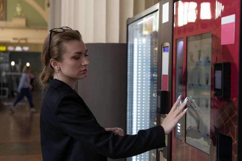 A woman in business attire is purchasing snacks from a vending machine in a busy train station. She appears focused, exploring options as light filters through the venue.