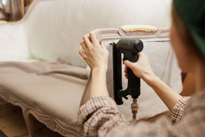 Close-up of woman upholstering vintage sofa with pneumatic stapler, focusing on craftsmanship and detail.