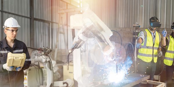 Workers in safety gear operate robotic machinery with VR technology in an industrial setting.