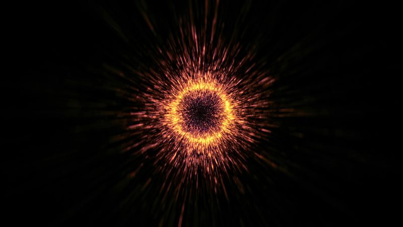 Dynamic abstract design illustrating vibrant radial motion around a glowing fiery ring in dark.