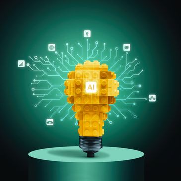 Yellow LEGO light bulb with AI symbol and digital network icons.