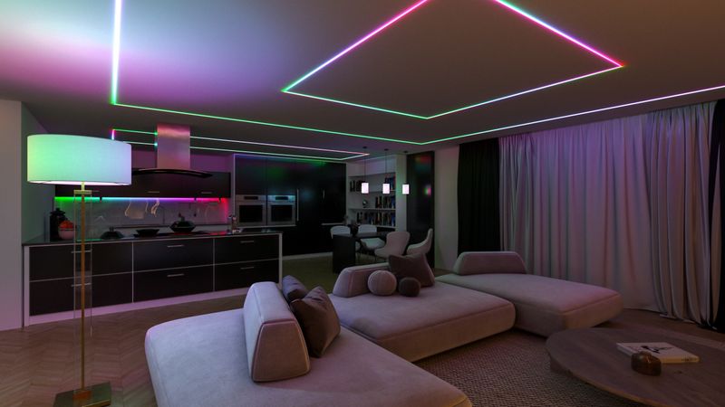 Modern open-concept interior blending a living room and kitchen, highlighted by vibrant RGB LED lighting outlining the ceiling. The space features a comfortable modular gray sofa and a dark-toned kitchen illuminated with accent LED strips, creating a contemporary and dynamic ambiance. 3d render