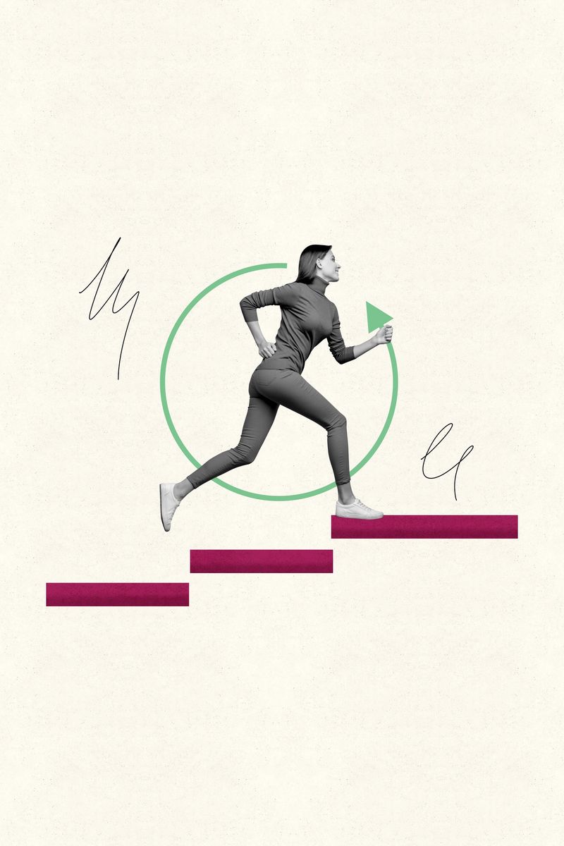 Creative picture collage of young woman run fast steps circle on white background.