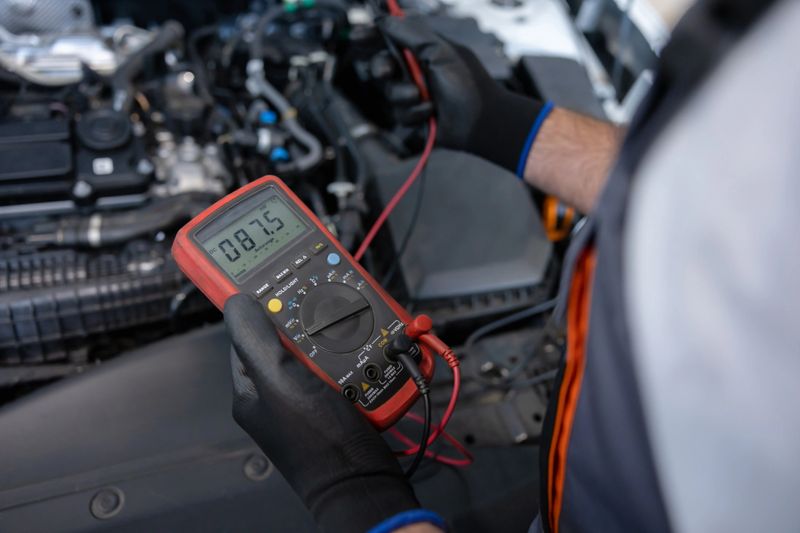 Repair specialist in automobile industry measuring battery charge with voltmeter for diagnostic service