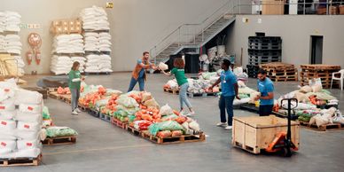 Workers organizing and passing bags in a warehouse filled with supplies.