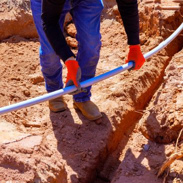 Worker installing a pipe in a trench.