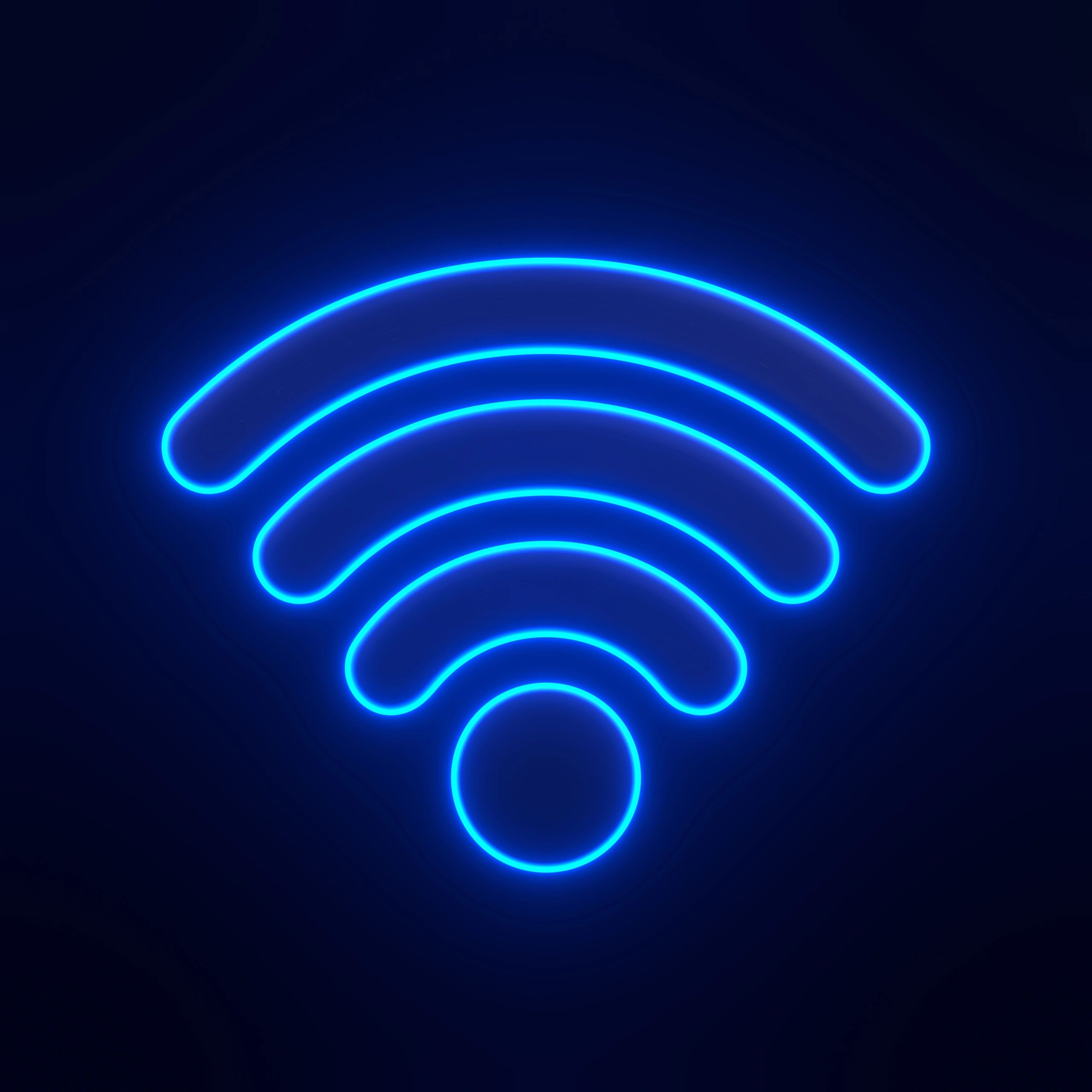 Glowing blue Wi-Fi icon on a dark background.
