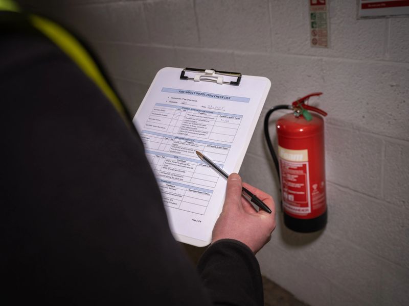 Adult male carrying out a fire safety inspection including checklist with clipboard and visual inspection of fire extinguisher