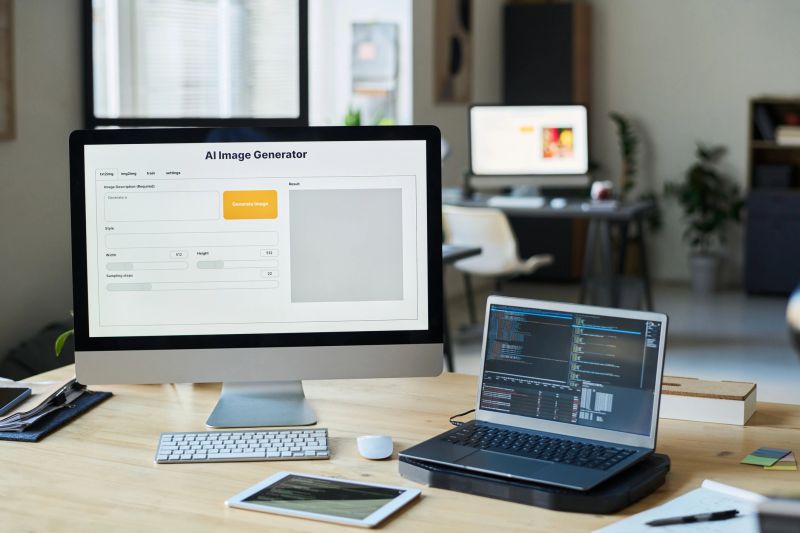 Workplace of modern designer or software developer with group of computing equipment in coworking space