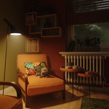 Cozy reading nook with a cushioned chair, colorful pillow, and small dog under warm lighting.