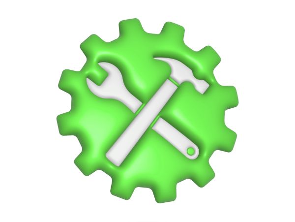 Green gear with white wrench and hammer crossed.