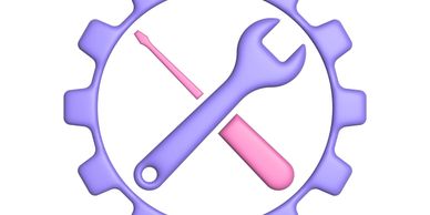 Purple wrench and pink screwdriver crossed inside a purple gear icon.