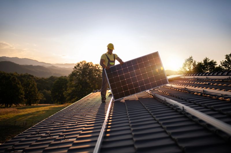 Shot Of Professional Workers Installing Solar Panels On A Roof At Sunset.