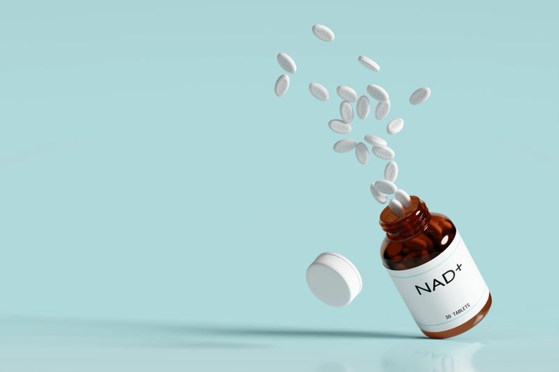 Brown glass bottle with NAD+ pills bursting out, set against soft blue background. Concept of NAD anti-aging therapy, medicine and healthcare. Copy space. 3d rendered, illustration