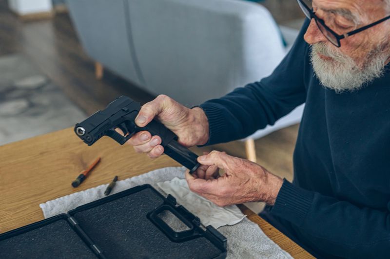 Senior man checking his gun after cleaning