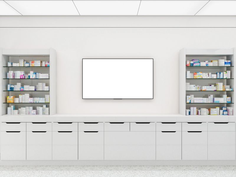 Pharmacy With Front View Of White Cabinets, Medicines On The Racks And Blank Screen