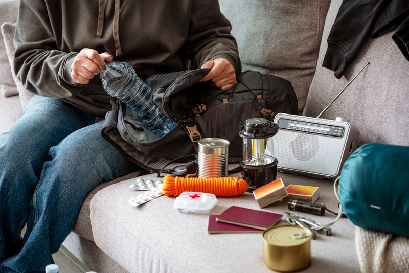 Woman filling emergency backpack with disaster emergency supplies. Preparing for crisis or disaster. High resolution 42Mp studio digital capture taken with SONY A7rII and Zeiss Batis 40mm F2.0 CF lens